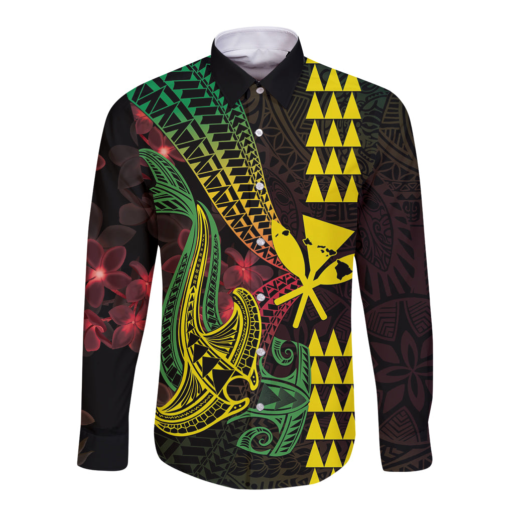 Hawaii Kakau Hammerhead Shark Long Sleeve Button Shirt Neon Plumeria Pattern