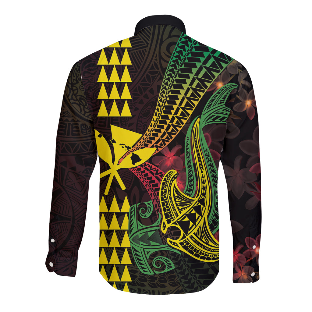 Hawaii Kakau Hammerhead Shark Long Sleeve Button Shirt Neon Plumeria Pattern