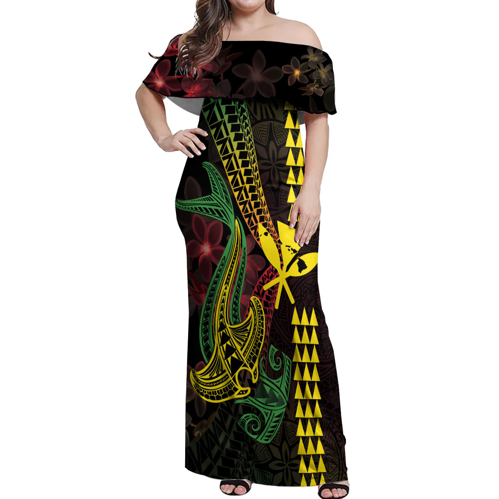 Hawaii Kakau Hammerhead Shark Off Shoulder Maxi Dress Neon Plumeria Pattern LT01 Women Black - Polynesian Pride