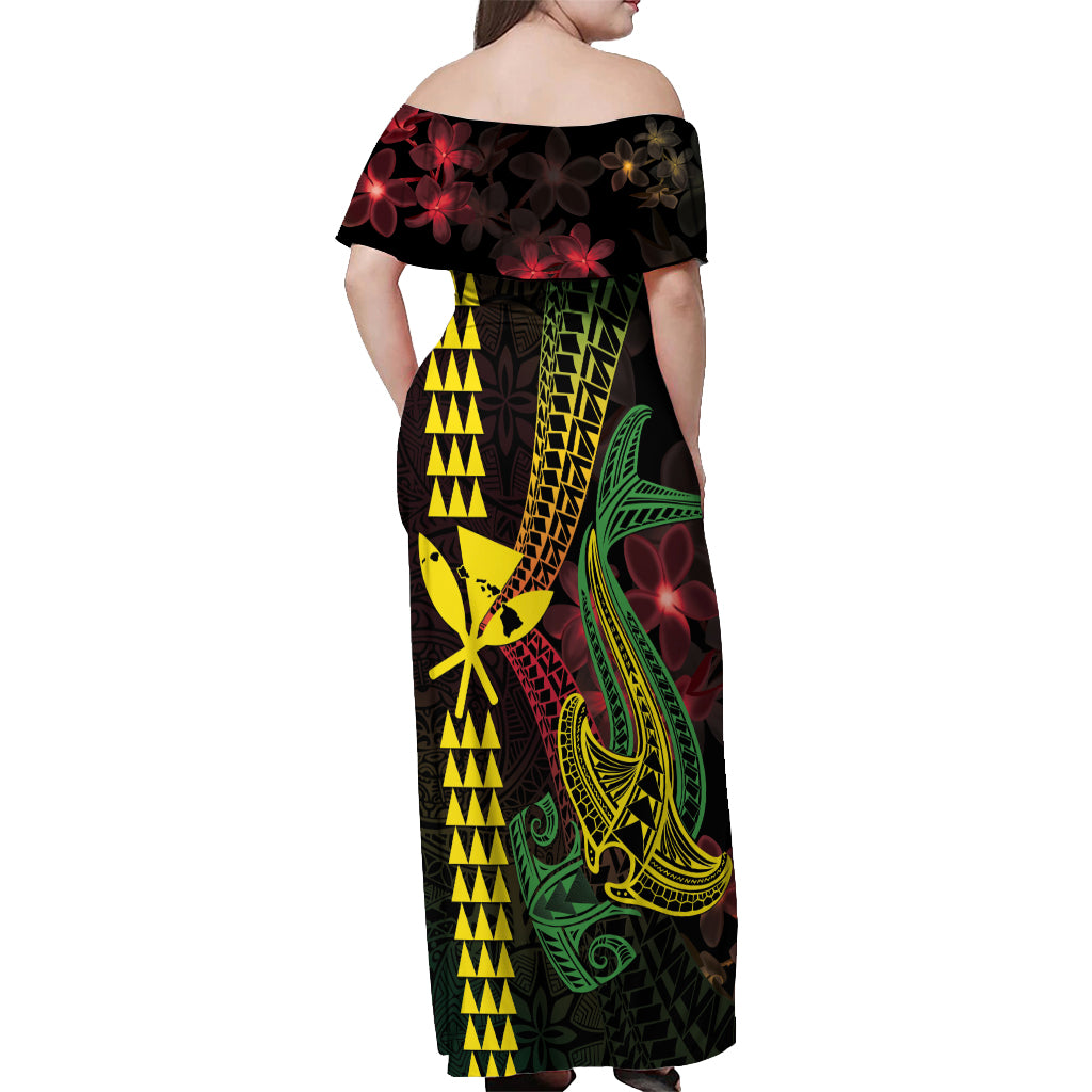 Hawaii Kakau Hammerhead Shark Off Shoulder Maxi Dress Neon Plumeria Pattern LT01 - Polynesian Pride