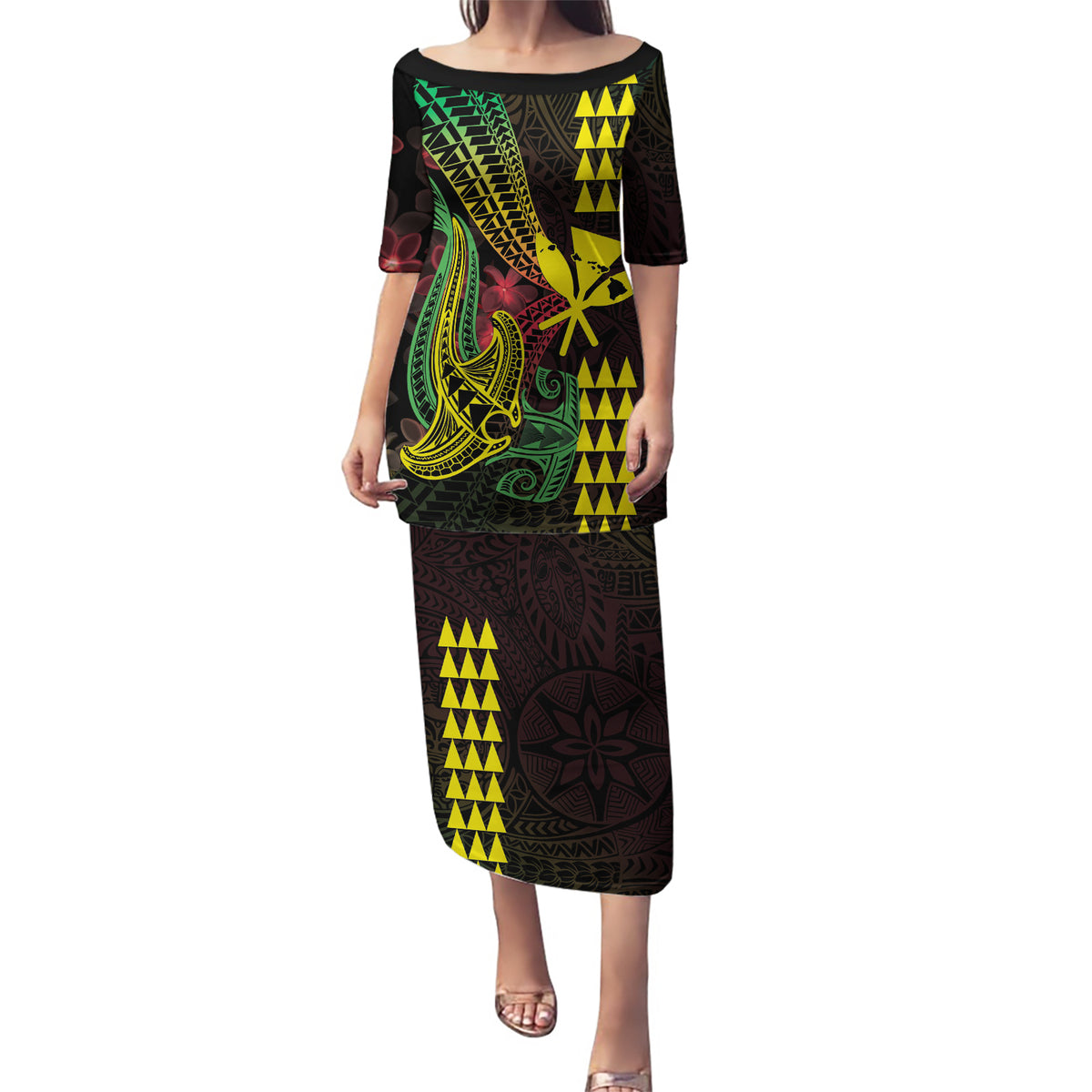 Hawaii Kakau Hammerhead Shark Puletasi Neon Plumeria Pattern LT01 Long Dress Black - Polynesian Pride