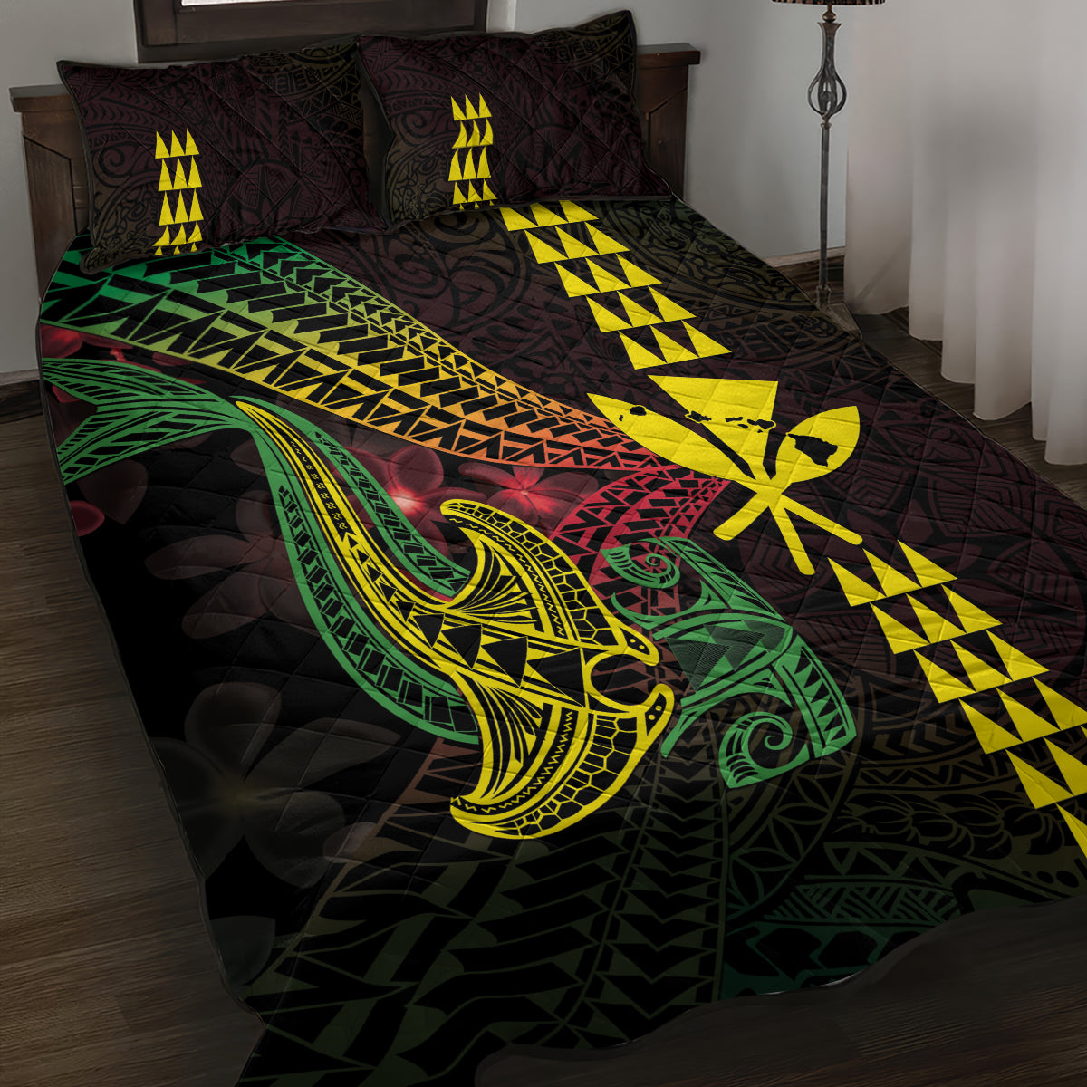 Hawaii Kakau Hammerhead Shark Quilt Bed Set Neon Plumeria Pattern LT01 Black - Polynesian Pride