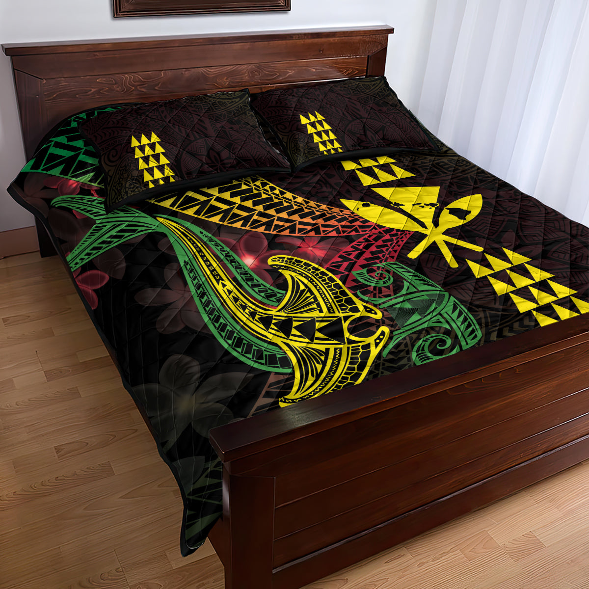 Hawaii Kakau Hammerhead Shark Quilt Bed Set Neon Plumeria Pattern LT01 - Polynesian Pride