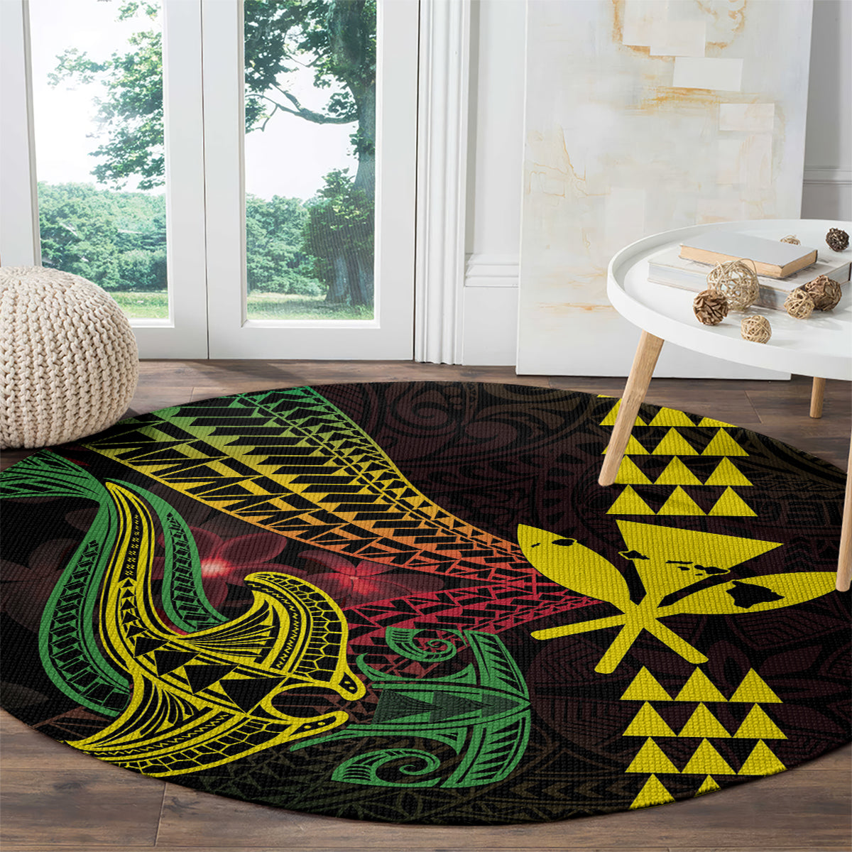 Hawaii Kakau Hammerhead Shark Round Carpet Neon Plumeria Pattern
