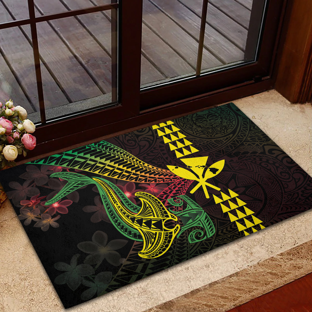 Hawaii Kakau Hammerhead Shark Rubber Doormat Neon Plumeria Pattern LT01 - Polynesian Pride