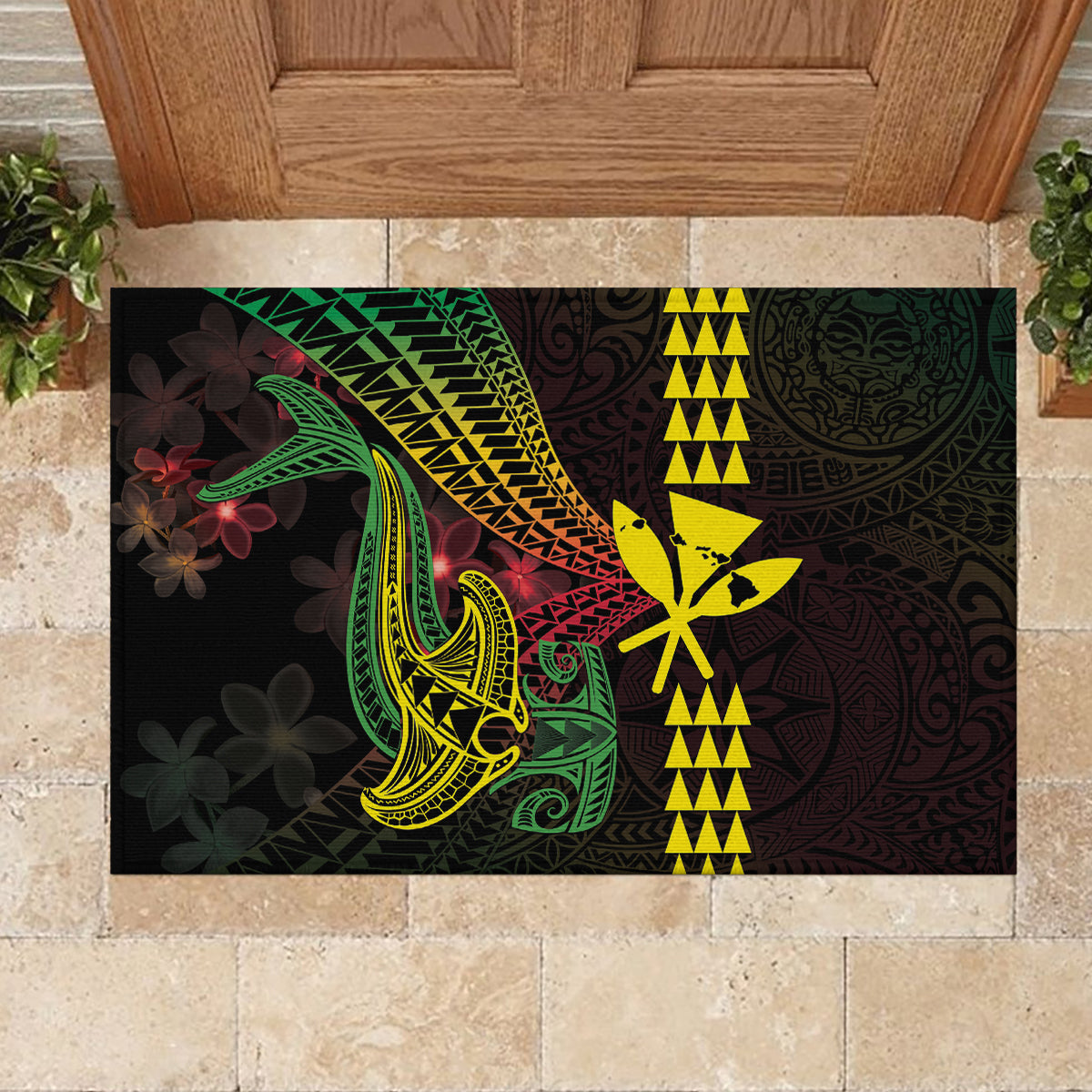 Hawaii Kakau Hammerhead Shark Rubber Doormat Neon Plumeria Pattern LT01 - Polynesian Pride