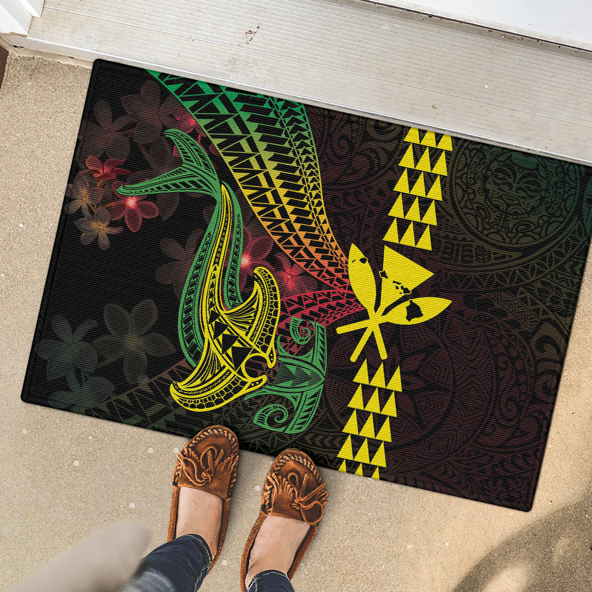 Hawaii Kakau Hammerhead Shark Rubber Doormat Neon Plumeria Pattern LT01 - Polynesian Pride