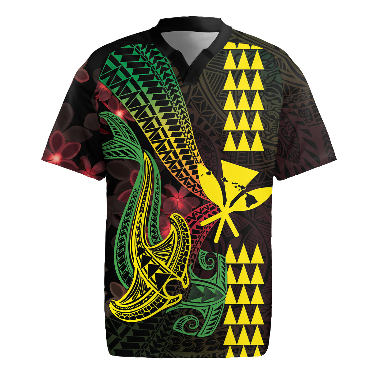 Hawaii Kakau Hammerhead Shark Rugby Jersey Neon Plumeria Pattern LT01 Black - Polynesian Pride