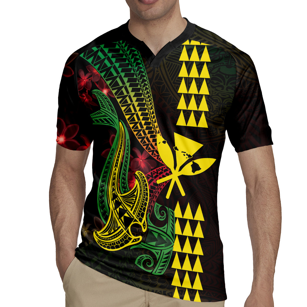 Hawaii Kakau Hammerhead Shark Rugby Jersey Neon Plumeria Pattern LT01 - Polynesian Pride