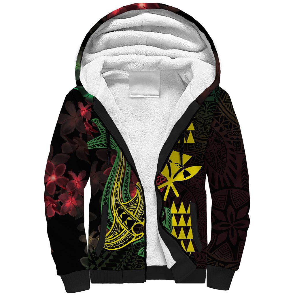 Hawaii Kakau Hammerhead Shark Sherpa Hoodie Neon Plumeria Pattern LT01 Unisex Black - Polynesian Pride