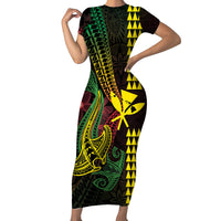 Hawaii Kakau Hammerhead Shark Short Sleeve Bodycon Dress Neon Plumeria Pattern