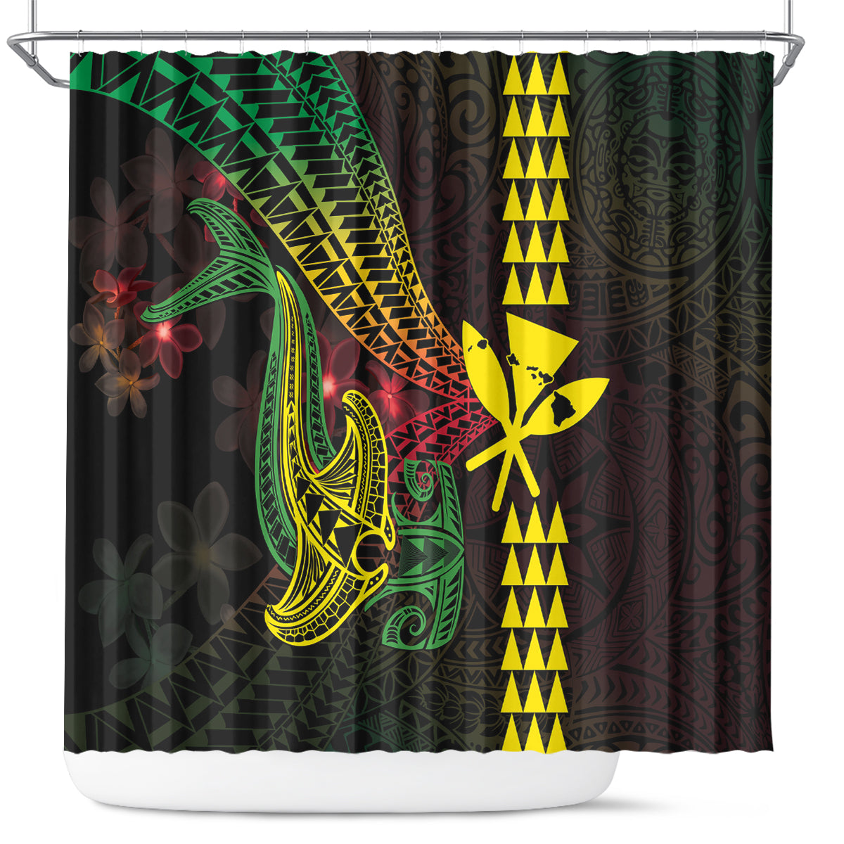 Hawaii Kakau Hammerhead Shark Shower Curtain Neon Plumeria Pattern