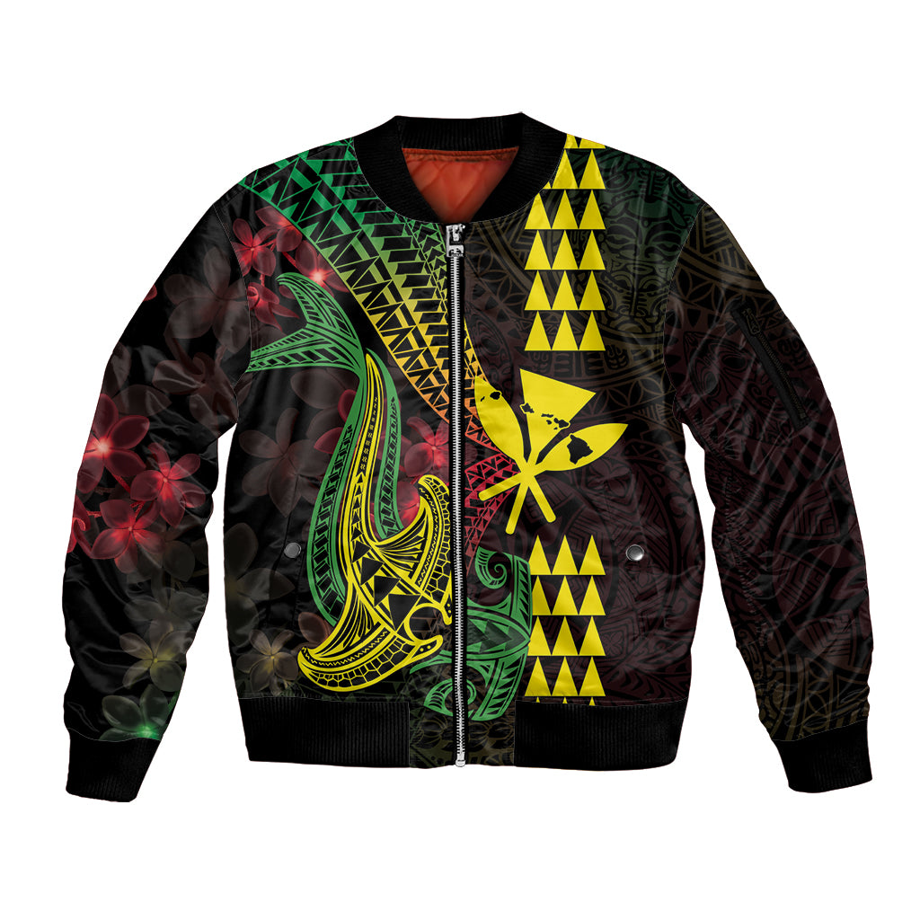 Hawaii Kakau Hammerhead Shark Sleeve Zip Bomber Jacket Neon Plumeria Pattern LT01 Unisex Black - Polynesian Pride