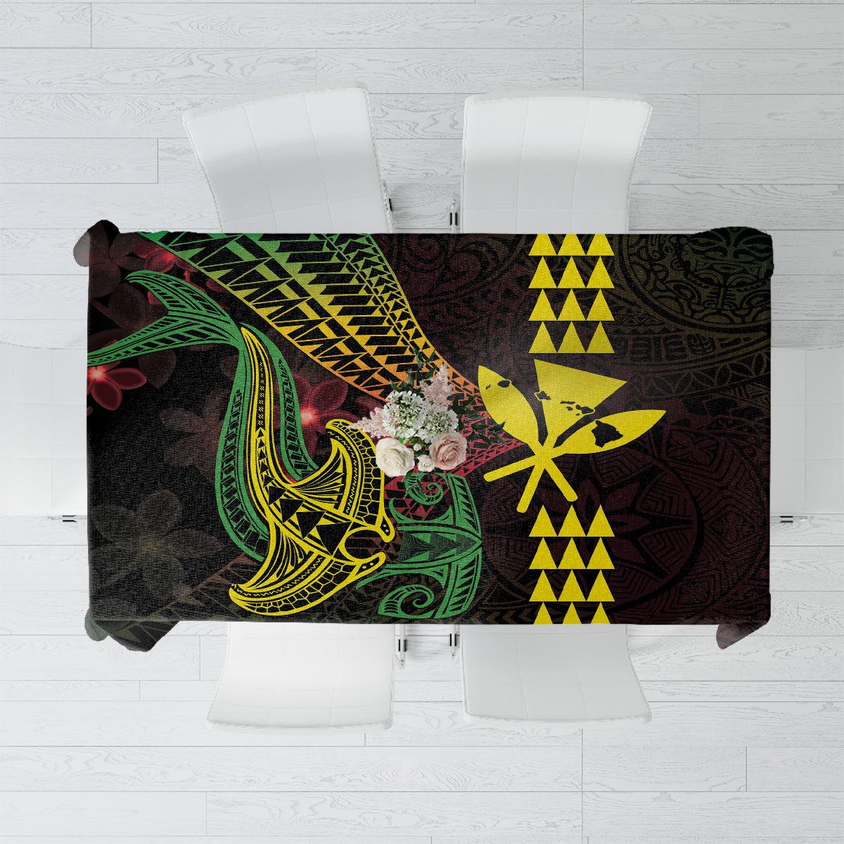 Hawaii Kakau Hammerhead Shark Tablecloth Neon Plumeria Pattern LT01 Black - Polynesian Pride