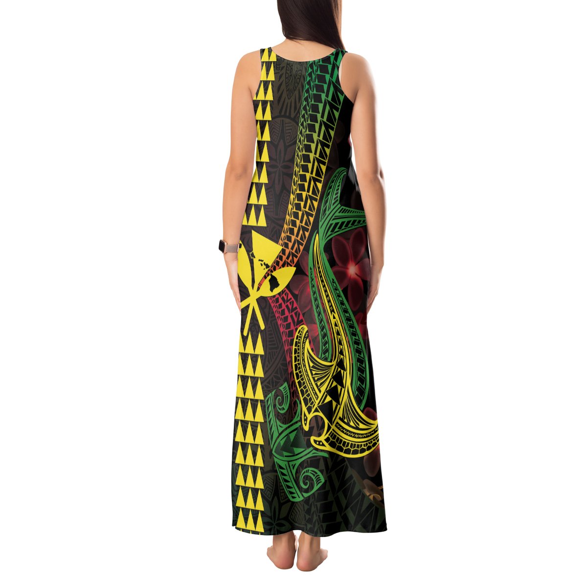 Hawaii Kakau Hammerhead Shark Tank Maxi Dress Neon Plumeria Pattern LT01 - Polynesian Pride