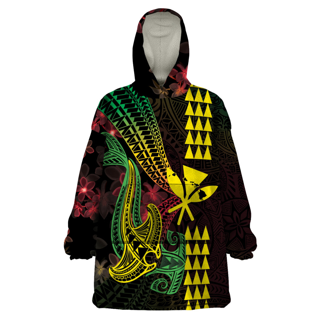 Hawaii Kakau Hammerhead Shark Wearable Blanket Hoodie Neon Plumeria Pattern