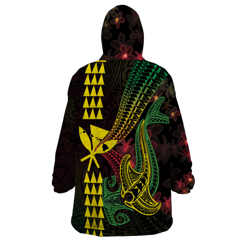 Hawaii Kakau Hammerhead Shark Wearable Blanket Hoodie Neon Plumeria Pattern LT01 - Polynesian Pride