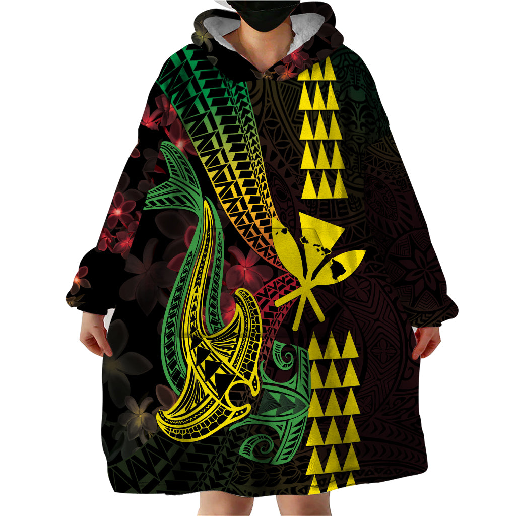 Hawaii Kakau Hammerhead Shark Wearable Blanket Hoodie Neon Plumeria Pattern LT01 - Polynesian Pride