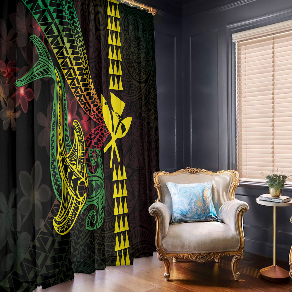 Hawaii Kakau Hammerhead Shark Window Curtain Neon Plumeria Pattern LT01 - Polynesian Pride