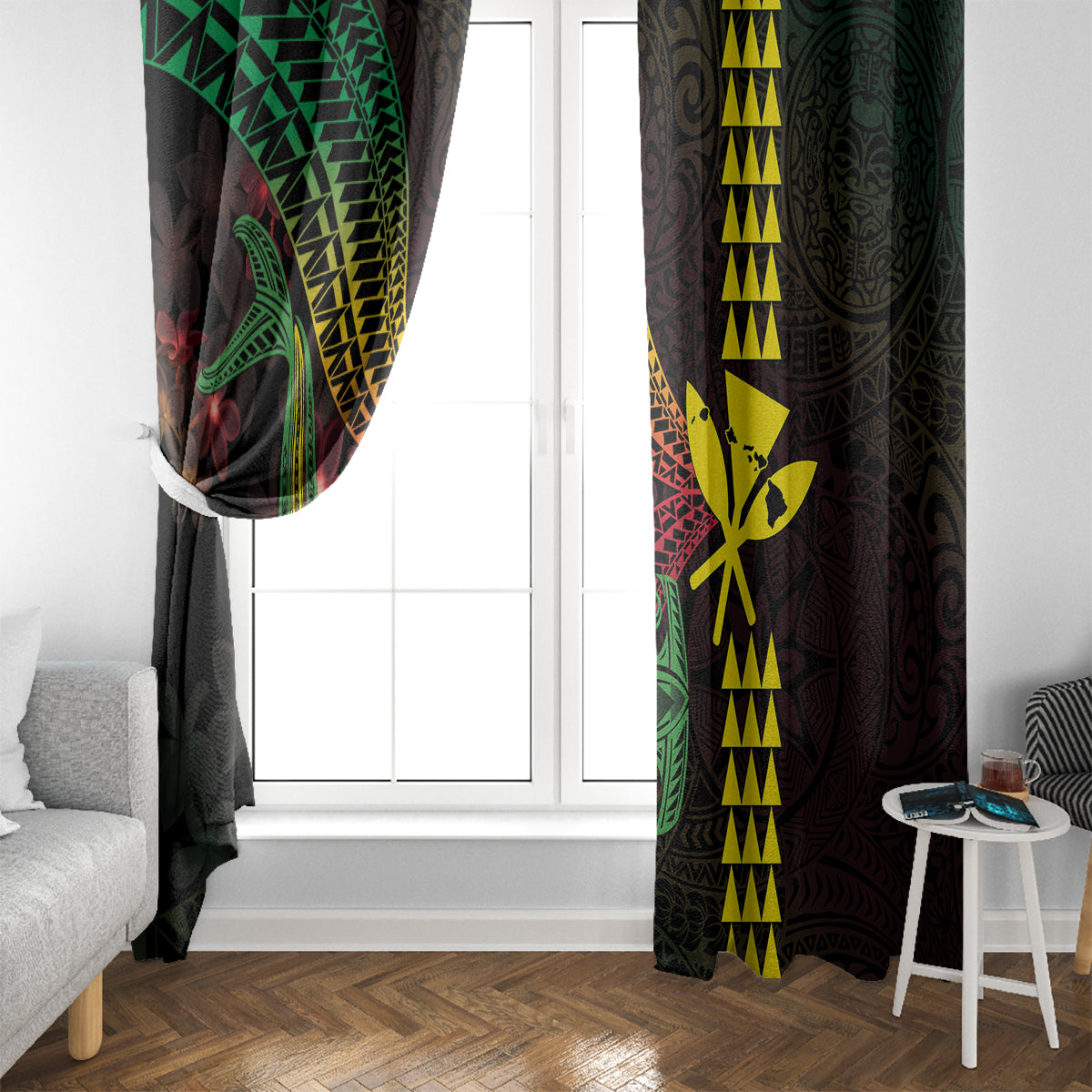 Hawaii Kakau Hammerhead Shark Window Curtain Neon Plumeria Pattern LT01 - Polynesian Pride
