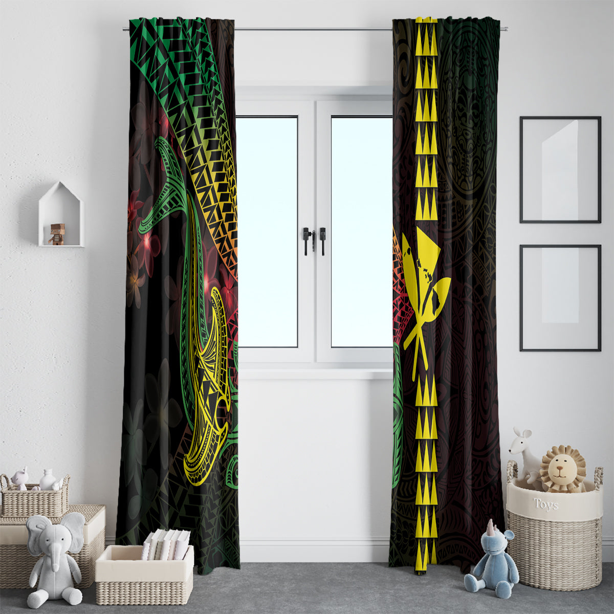 Hawaii Kakau Hammerhead Shark Window Curtain Neon Plumeria Pattern LT01 - Polynesian Pride