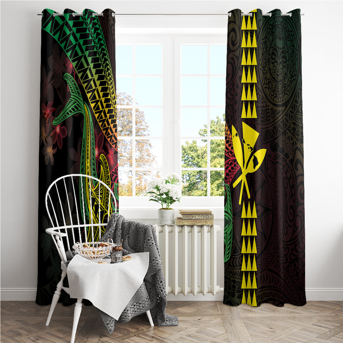 Hawaii Kakau Hammerhead Shark Window Curtain Neon Plumeria Pattern LT01 - Polynesian Pride