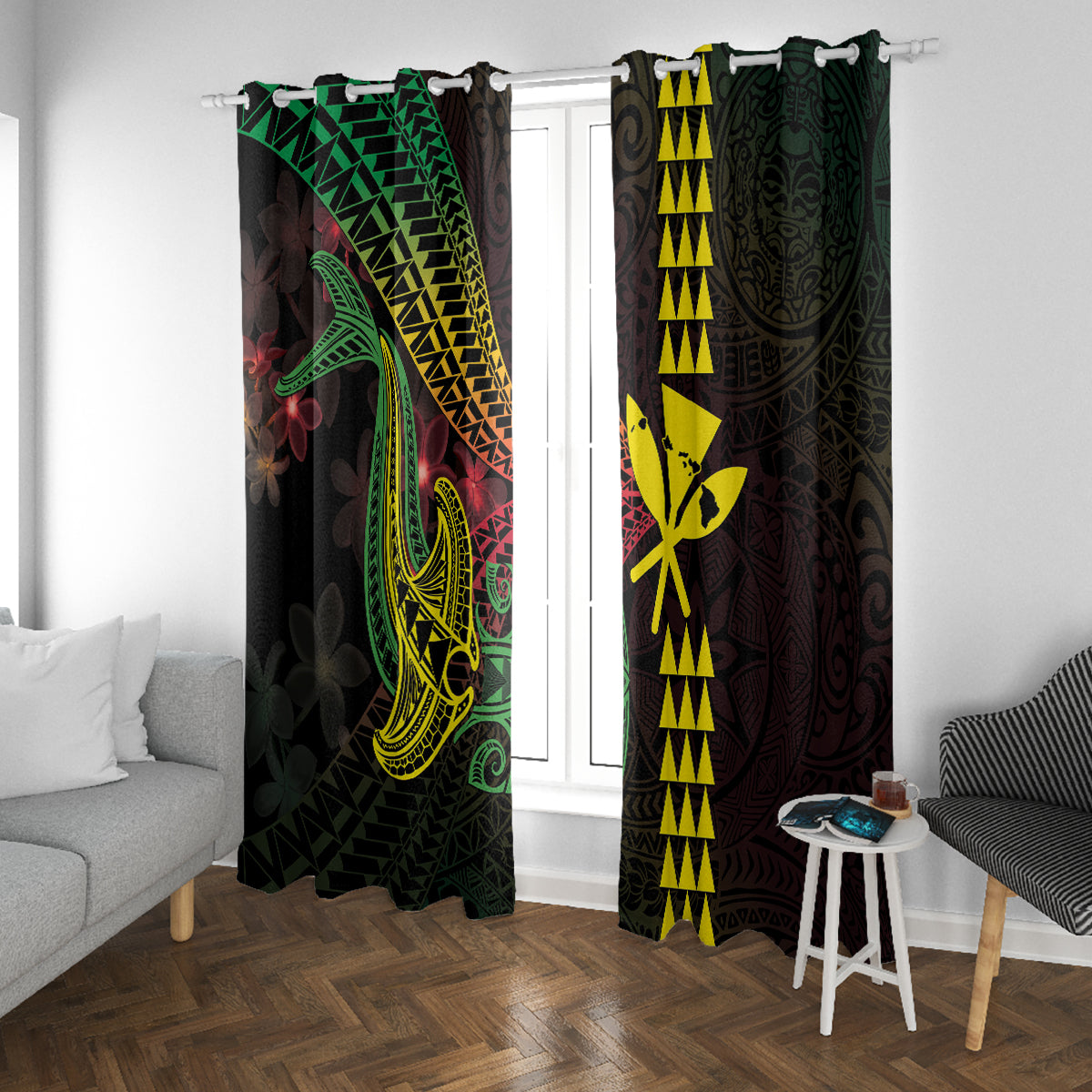 Hawaii Kakau Hammerhead Shark Window Curtain Neon Plumeria Pattern LT01 With Grommets Black - Polynesian Pride
