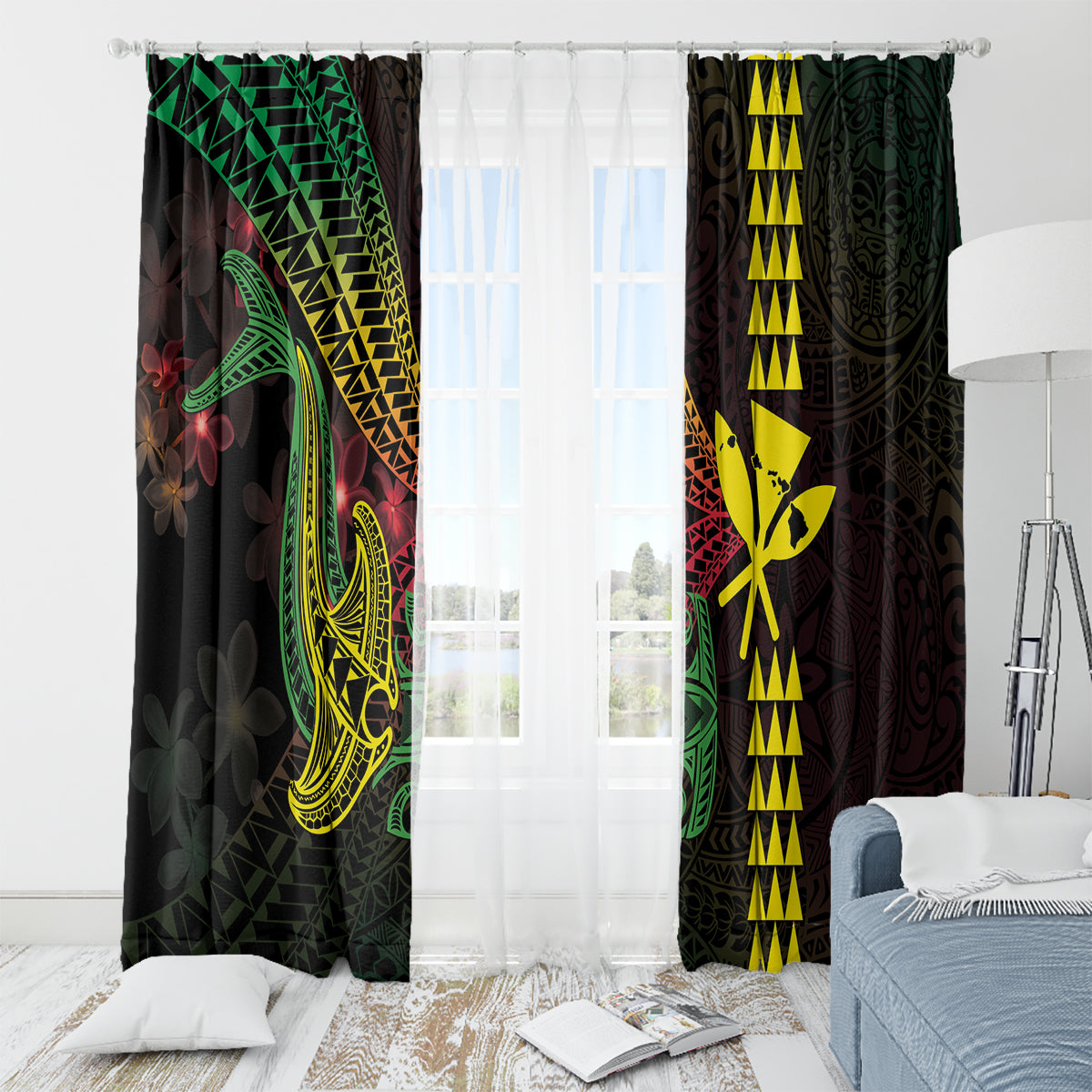 Hawaii Kakau Hammerhead Shark Window Curtain Neon Plumeria Pattern LT01 - Polynesian Pride