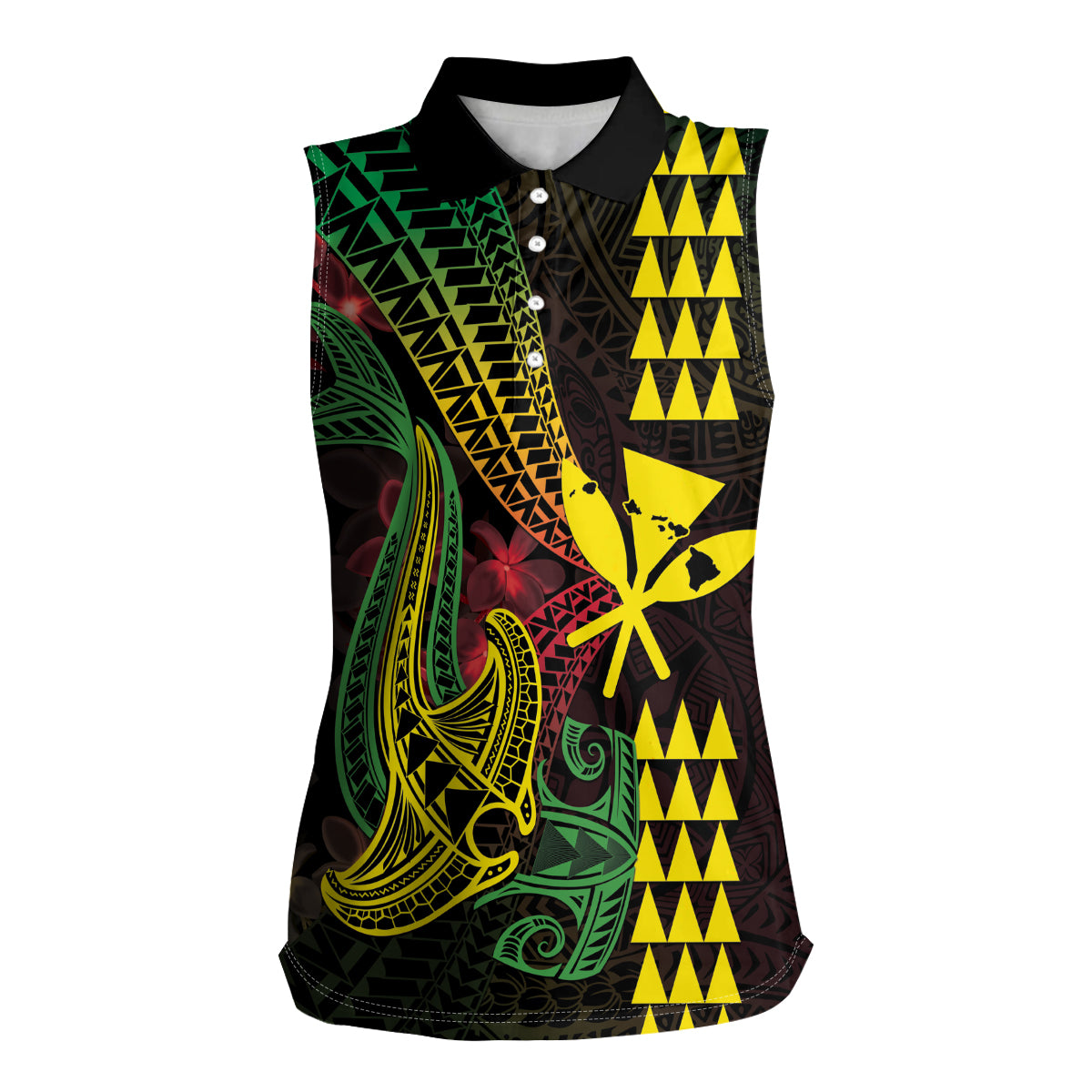Hawaii Kakau Hammerhead Shark Women Sleeveless Polo Shirt Neon Plumeria Pattern LT01 Female Black - Polynesian Pride