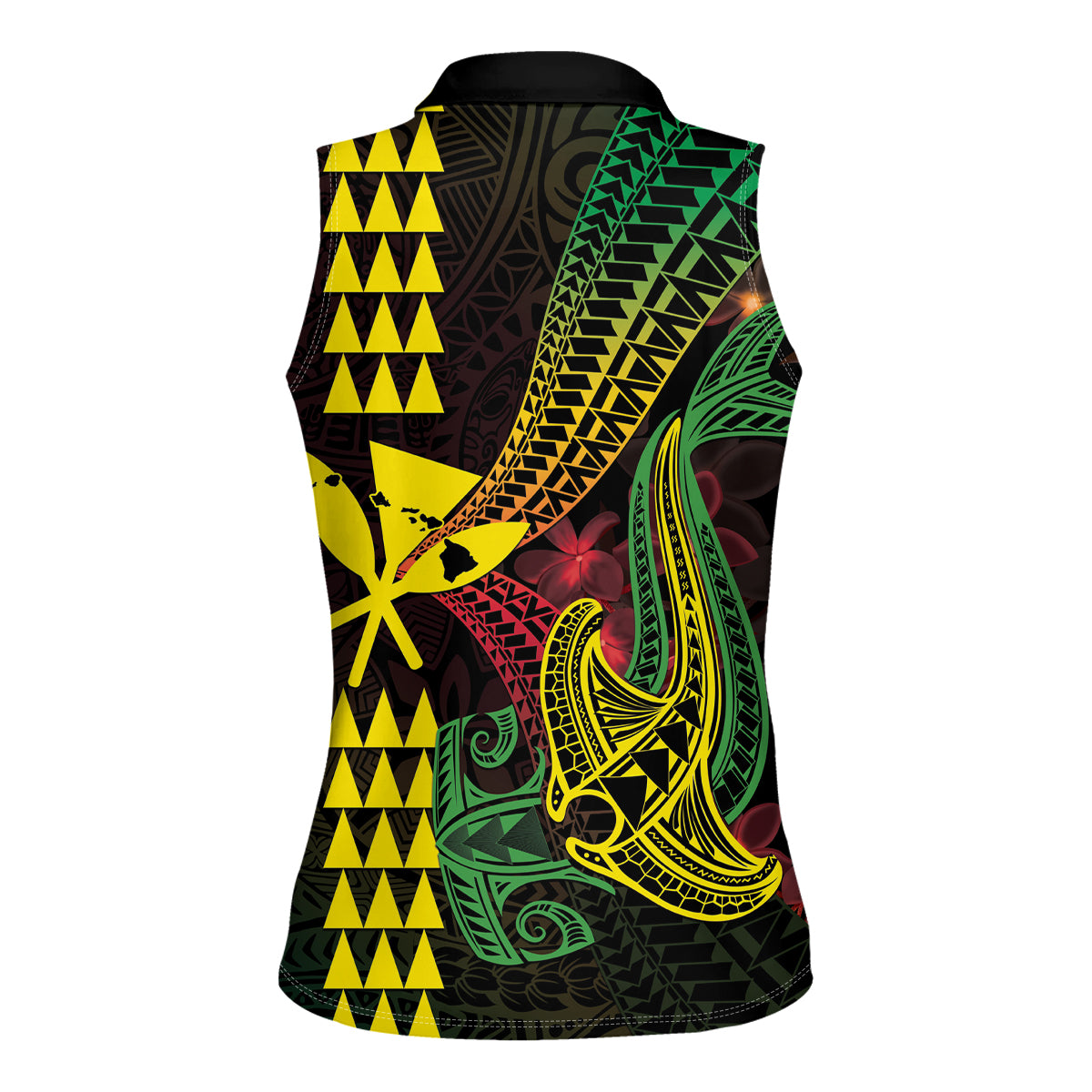 Hawaii Kakau Hammerhead Shark Women Sleeveless Polo Shirt Neon Plumeria Pattern LT01 - Polynesian Pride
