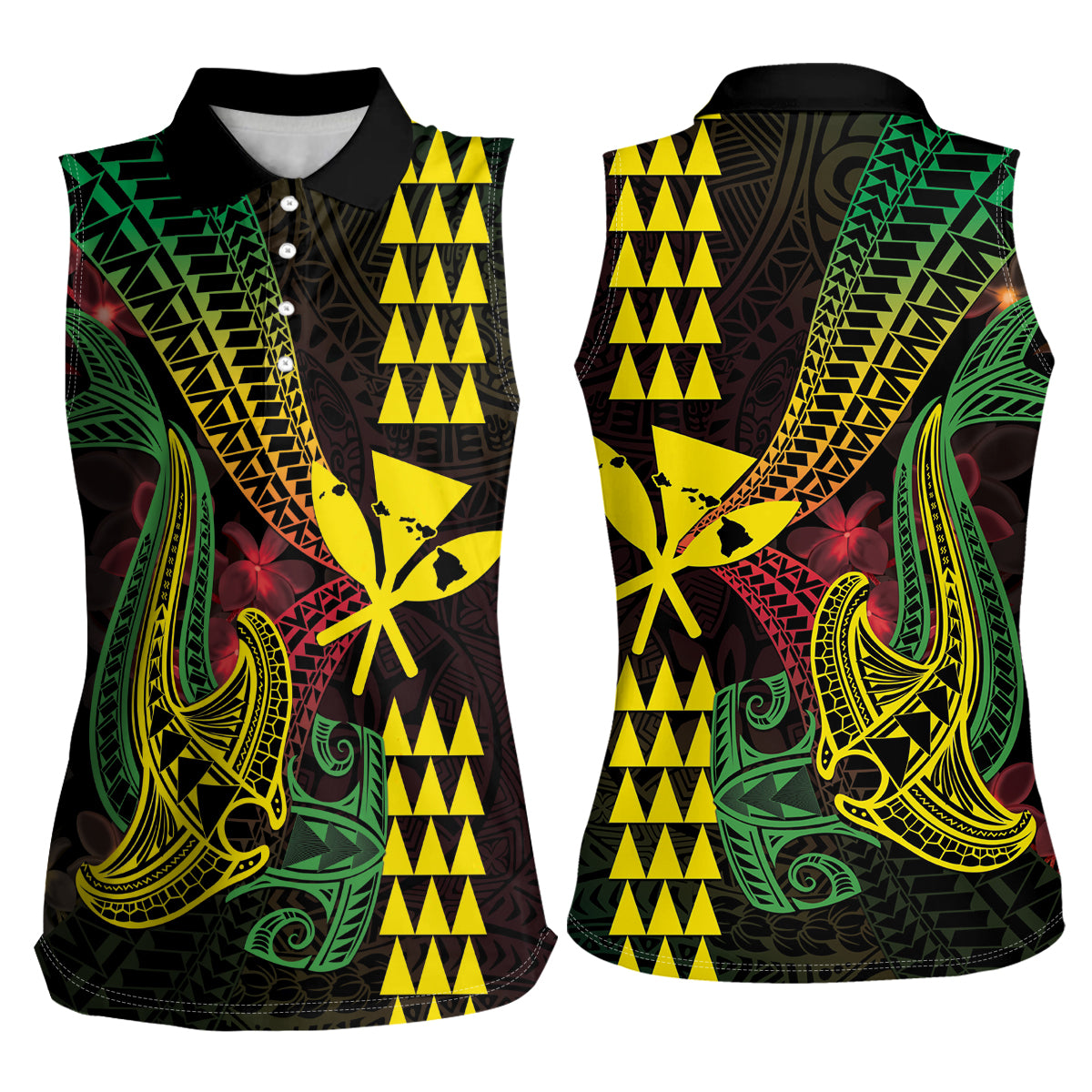 Hawaii Kakau Hammerhead Shark Women Sleeveless Polo Shirt Neon Plumeria Pattern LT01 - Polynesian Pride