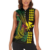 Hawaii Kakau Hammerhead Shark Women Sleeveless Polo Shirt Neon Plumeria Pattern LT01 - Polynesian Pride