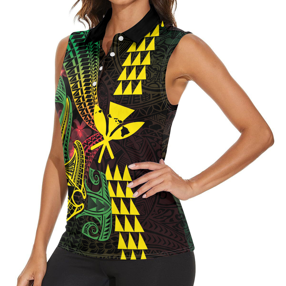 Hawaii Kakau Hammerhead Shark Women Sleeveless Polo Shirt Neon Plumeria Pattern LT01 - Polynesian Pride