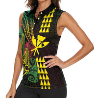 Hawaii Kakau Hammerhead Shark Women Sleeveless Polo Shirt Neon Plumeria Pattern LT01 - Polynesian Pride