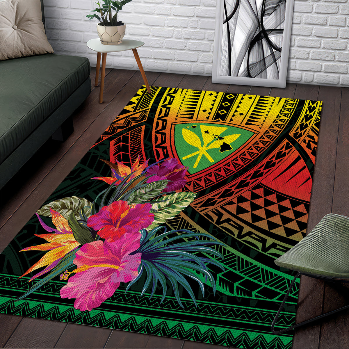 Hawaii Kanaka Maoli Flag Day Area Rug Tropical Flowers