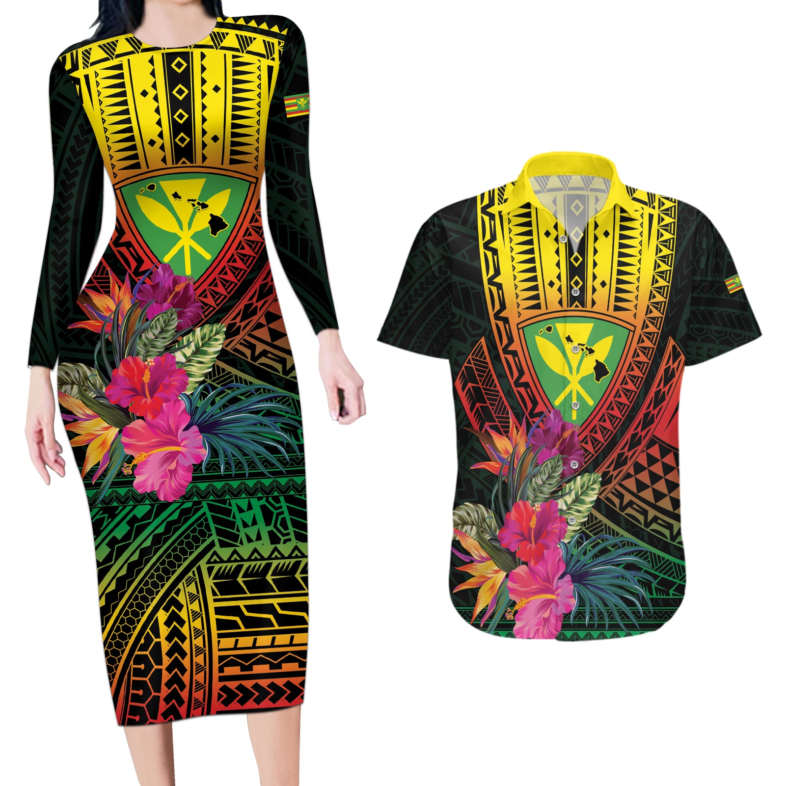 Hawaii Kanaka Maoli Flag Day Couples Matching Long Sleeve Bodycon Dress and Hawaiian Shirt Tropical Flowers