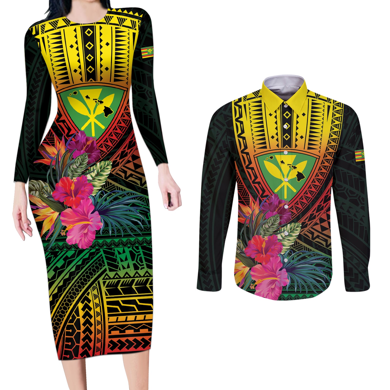 Hawaii Kanaka Maoli Flag Day Couples Matching Long Sleeve Bodycon Dress and Long Sleeve Button Shirt Tropical Flowers
