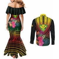 Hawaii Kanaka Maoli Flag Day Couples Matching Mermaid Dress and Long Sleeve Button Shirt Tropical Flowers