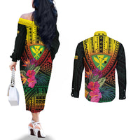 Hawaii Kanaka Maoli Flag Day Couples Matching Off The Shoulder Long Sleeve Dress and Long Sleeve Button Shirt Tropical Flowers