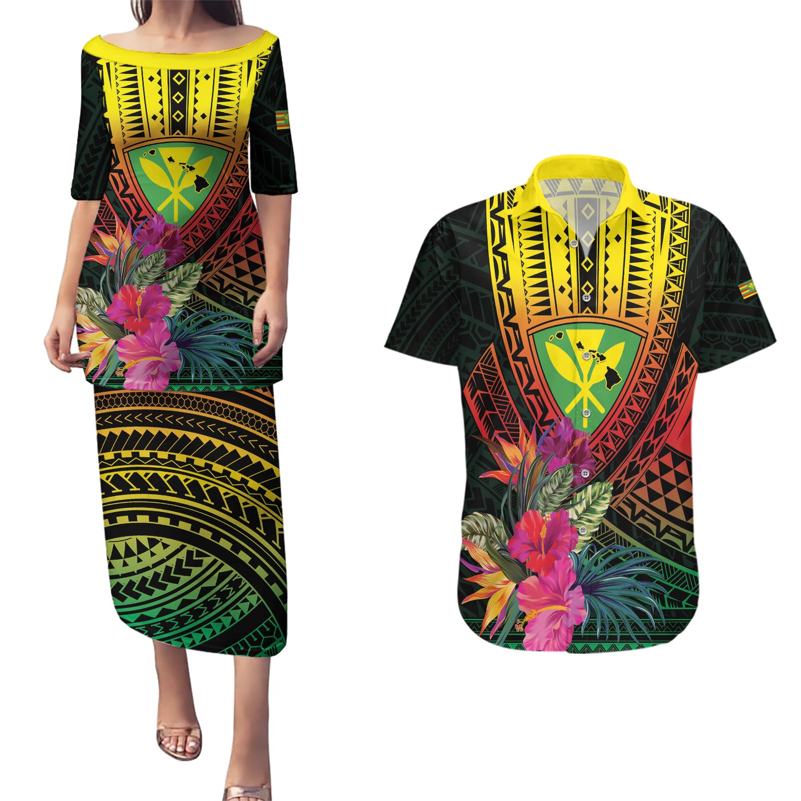 Hawaii Kanaka Maoli Flag Day Couples Matching Puletasi and Hawaiian Shirt Tropical Flowers