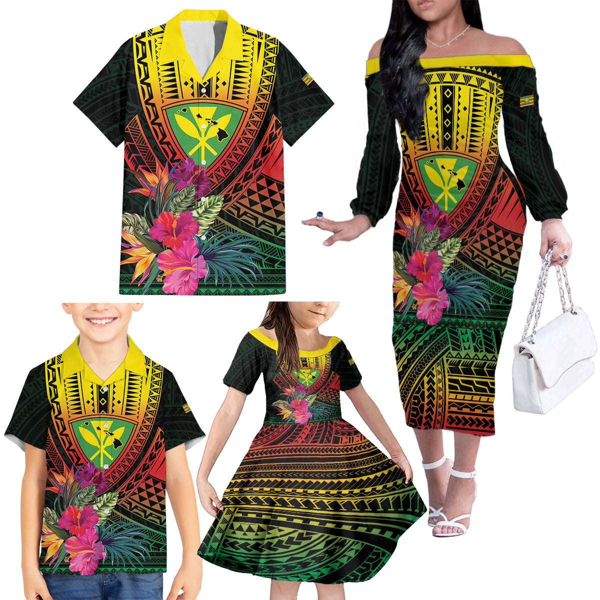 Hawaii Kanaka Maoli Flag Day Family Matching Off The Shoulder Long Sleeve Dress and Hawaiian Shirt Tropical Flowers