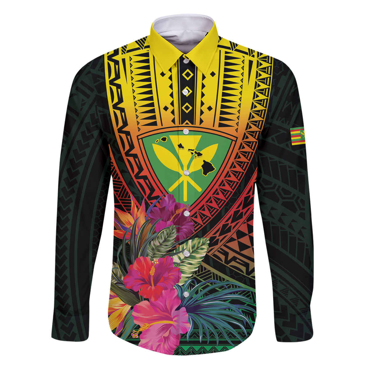Hawaii Kanaka Maoli Flag Day Family Matching Off The Shoulder Long Sleeve Dress and Hawaiian Shirt Tropical Flowers