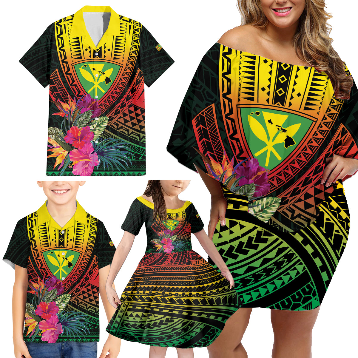 Hawaii Kanaka Maoli Flag Day Family Matching Off Shoulder Short Dress and Hawaiian Shirt Tropical Flowers