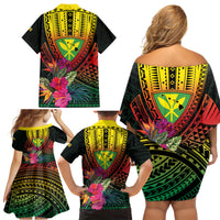 Hawaii Kanaka Maoli Flag Day Family Matching Off Shoulder Short Dress and Hawaiian Shirt Tropical Flowers