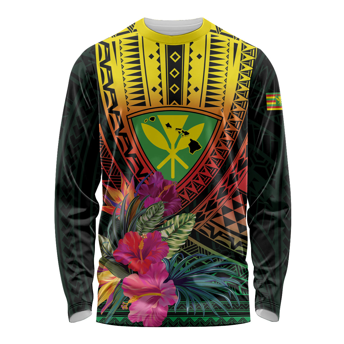 Hawaii Kanaka Maoli Flag Day Long Sleeve Shirt Tropical Flowers