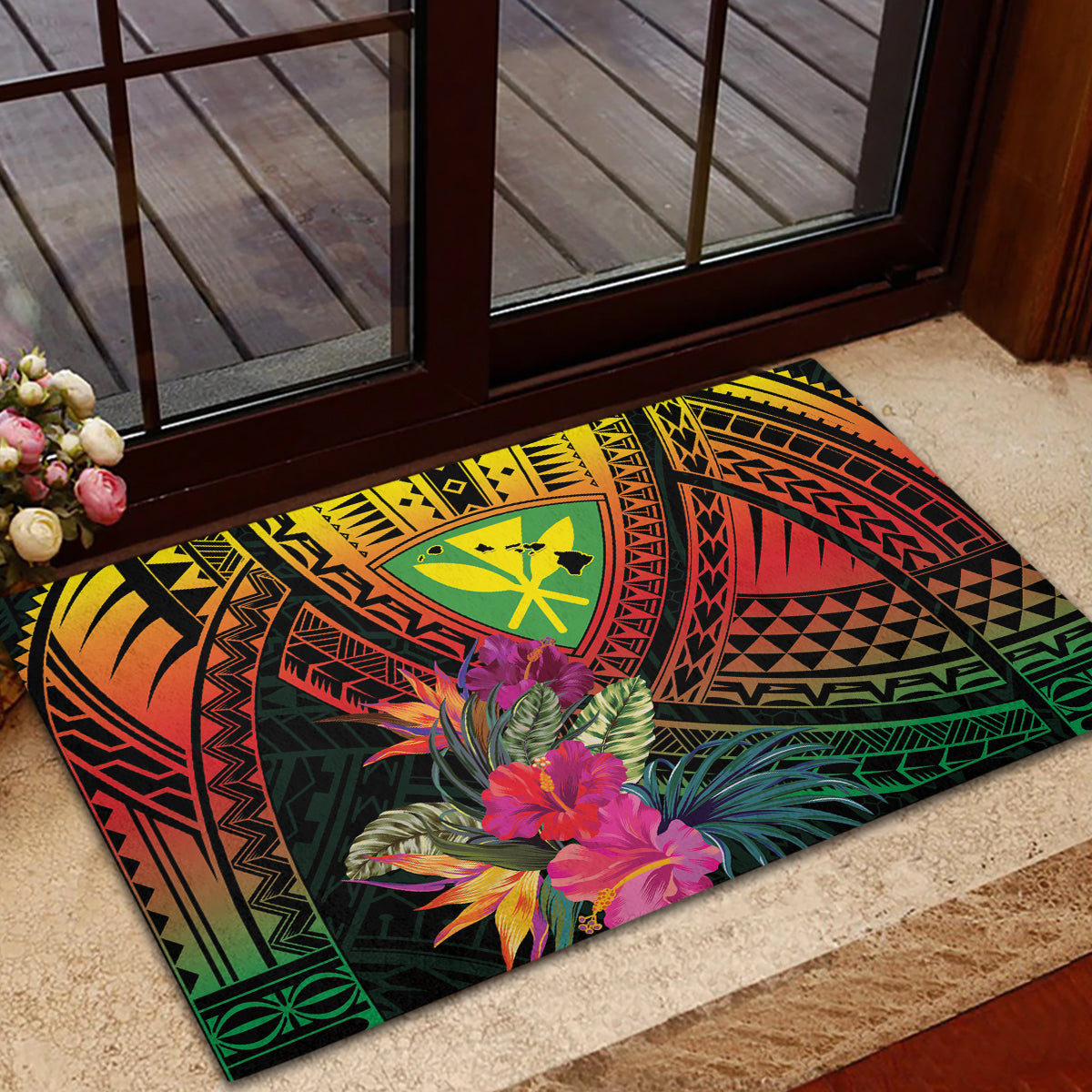 Hawaii Kanaka Maoli Flag Day Rubber Doormat Tropical Flowers