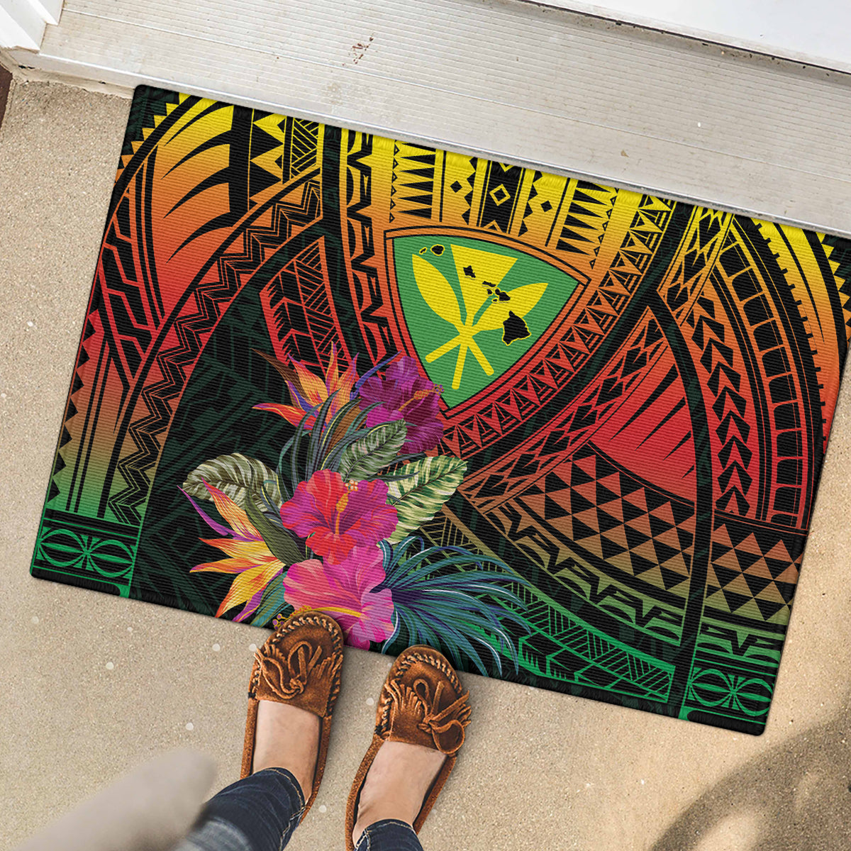 Hawaii Kanaka Maoli Flag Day Rubber Doormat Tropical Flowers