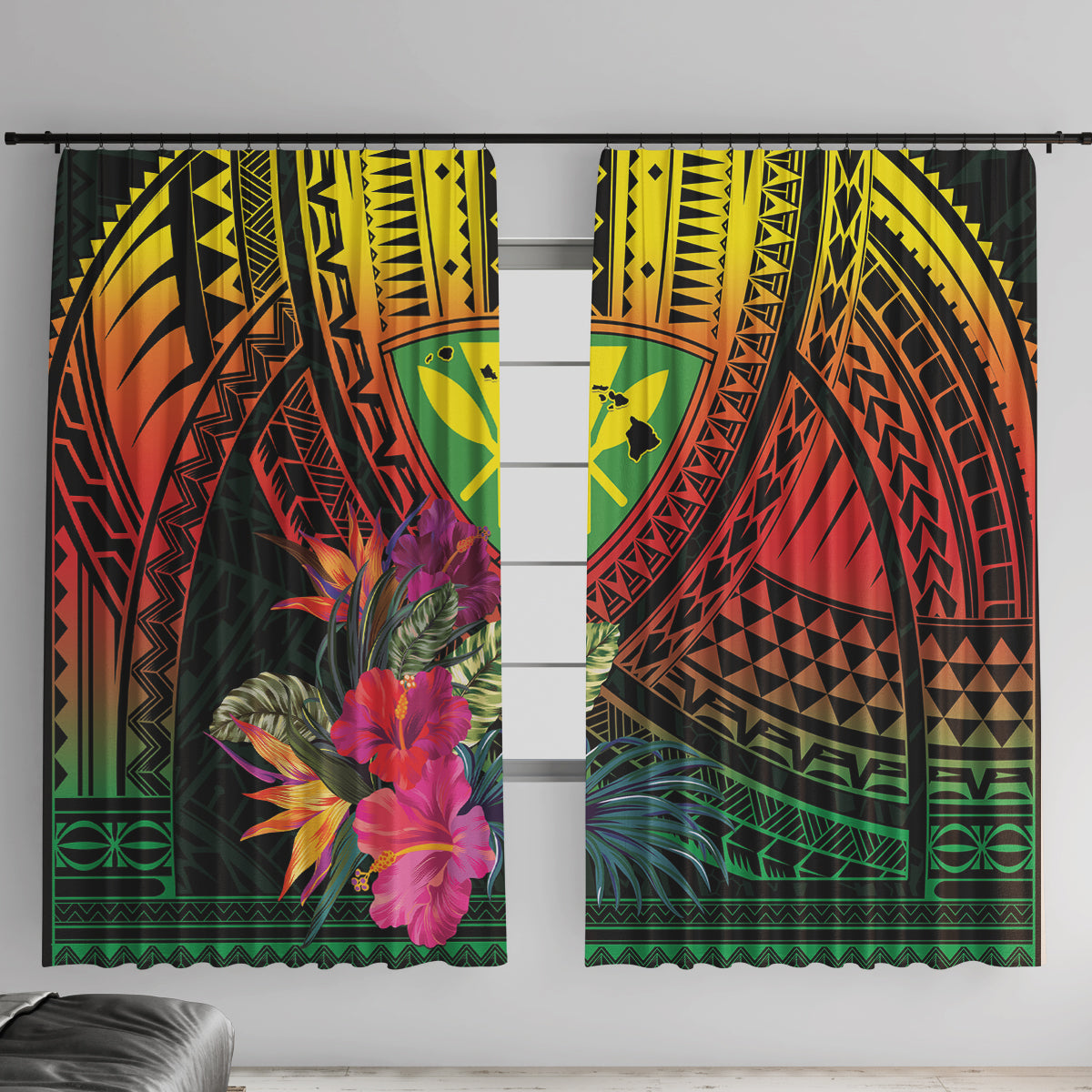 Hawaii Kanaka Maoli Flag Day Window Curtain Tropical Flowers