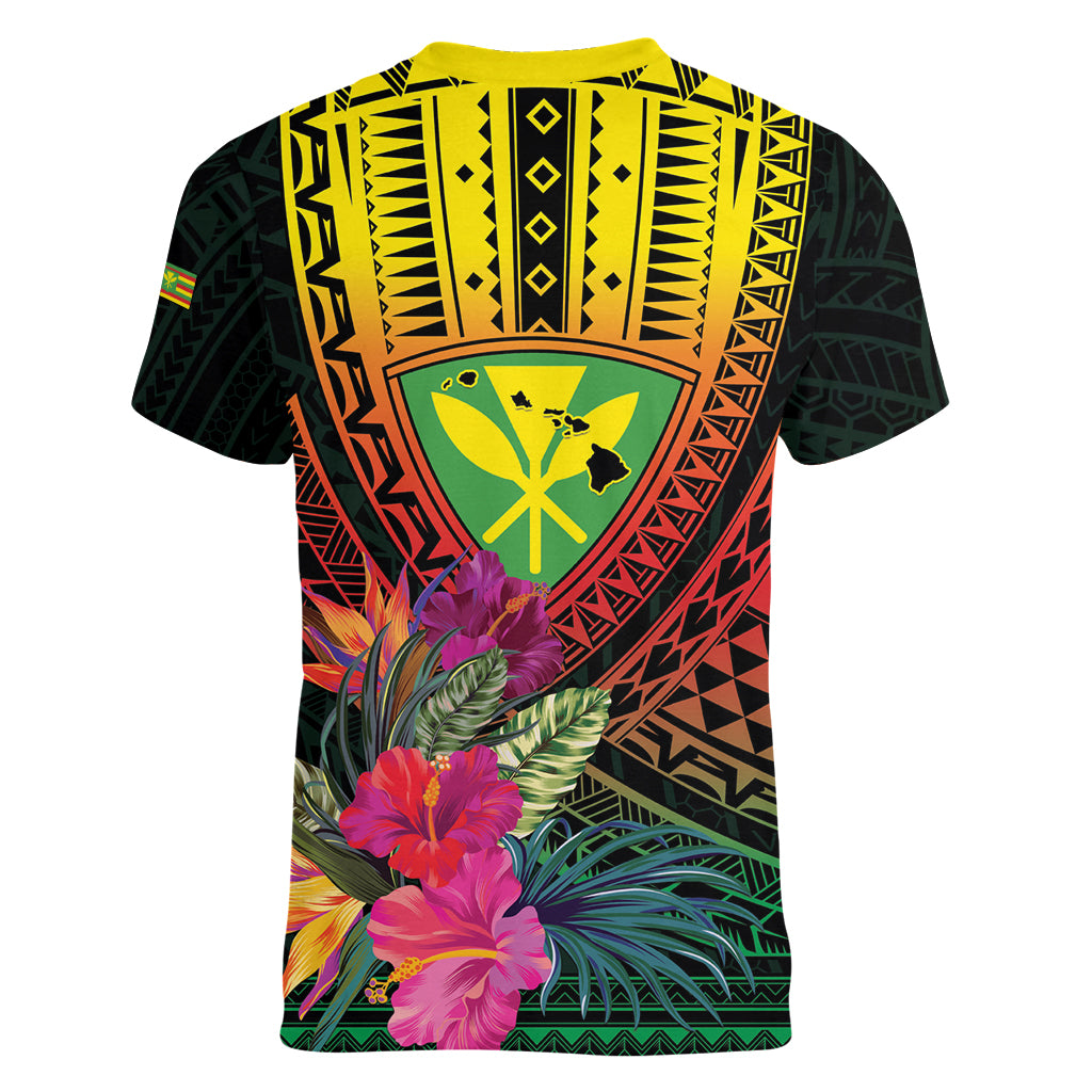 Hawaii Kanaka Maoli Flag Day Women V-Neck T-Shirt Tropical Flowers