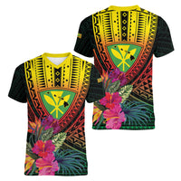 Hawaii Kanaka Maoli Flag Day Women V-Neck T-Shirt Tropical Flowers